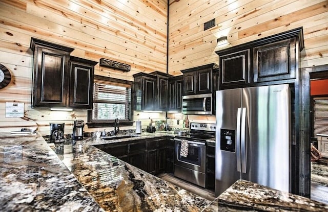 kitchen featuring sink, wooden walls, dark stone countertops, a towering ceiling, and appliances with stainless steel finishes