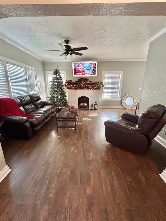 living room featuring dark hardwood / wood-style floors, a textured ceiling, and a wealth of natural light