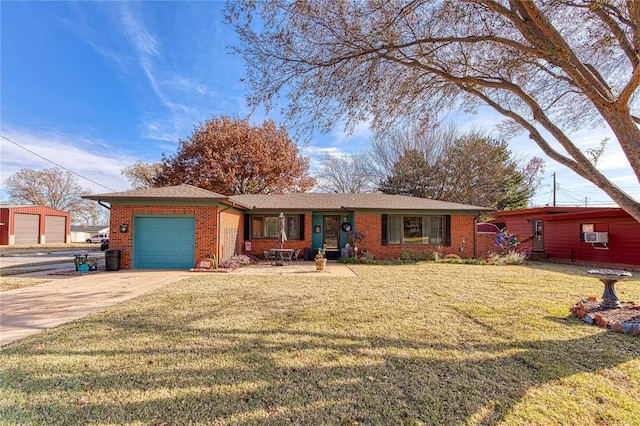 ranch-style house with a front yard and a garage