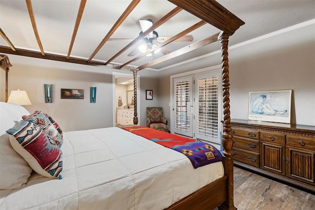 bedroom with access to outside, ceiling fan, crown molding, and hardwood / wood-style flooring