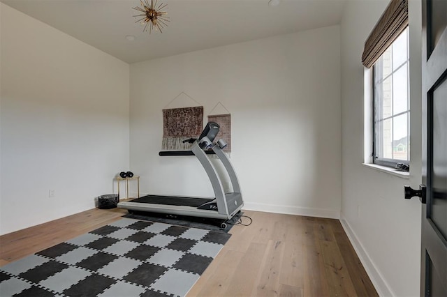 exercise room with light hardwood / wood-style flooring