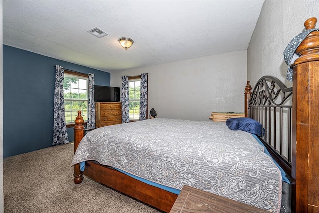 bedroom featuring carpet and a textured ceiling