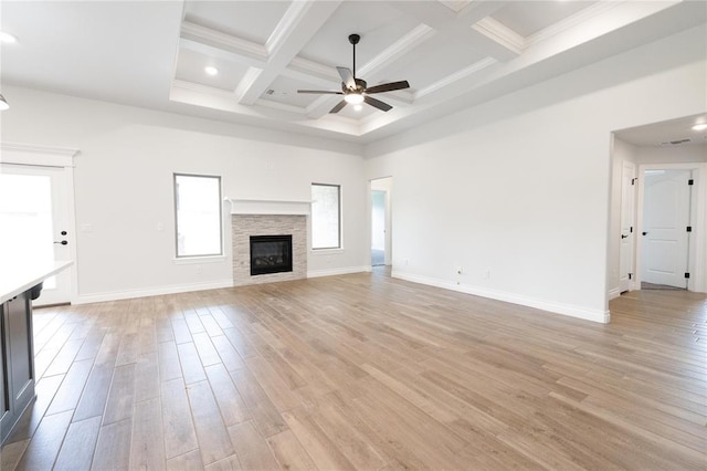 1817 Taines Turn, Norman, OK 73072 - unfurnished living room with coffered ceiling, light wood-style floors, baseboards, beamed ceiling, and ceiling fan