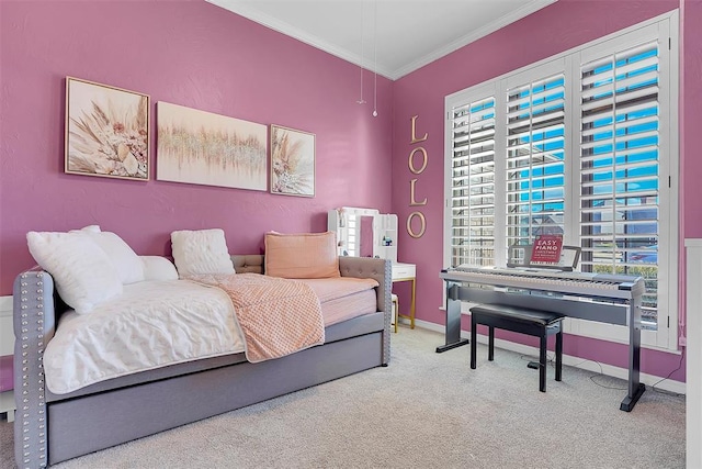 carpeted bedroom with crown molding