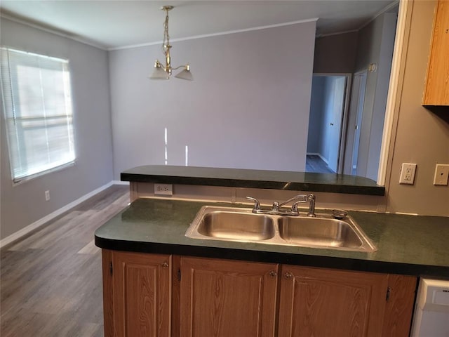 kitchen with dark hardwood / wood-style flooring, crown molding, sink, an inviting chandelier, and dishwasher