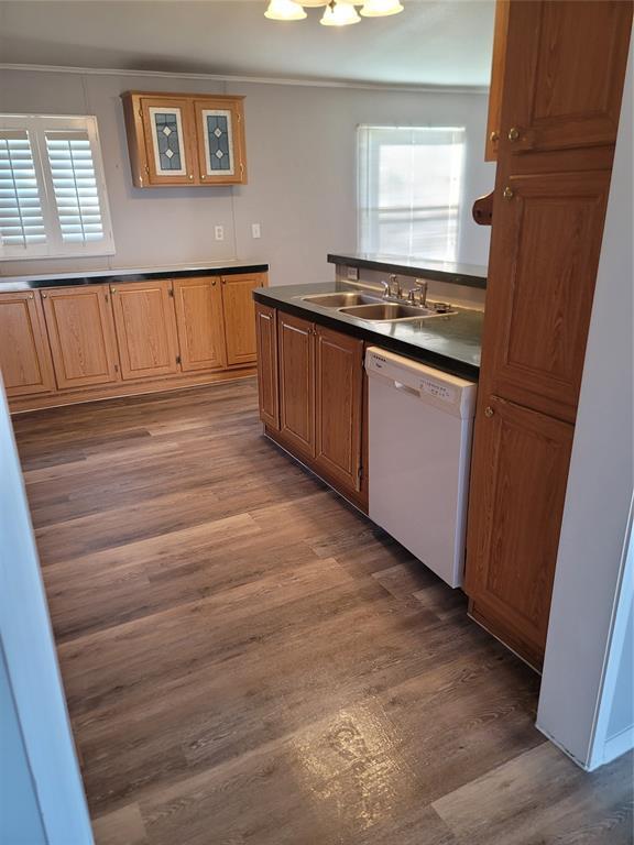 kitchen with white dishwasher, dark wood-type flooring, and sink