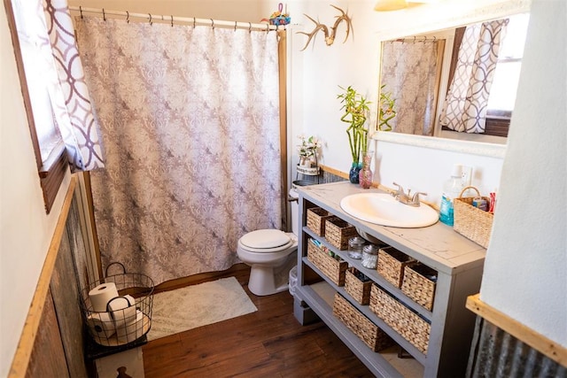 bathroom featuring vanity, a healthy amount of sunlight, toilet, and wood-type flooring