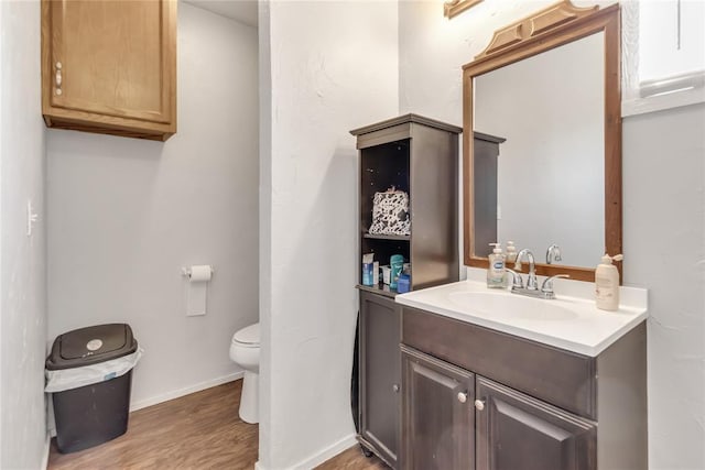 bathroom featuring vanity, wood-type flooring, and toilet