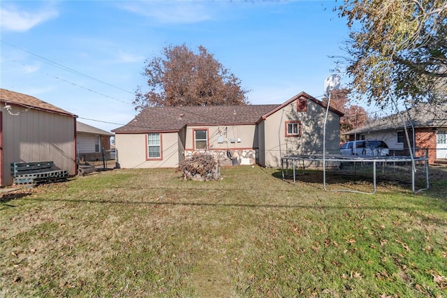 rear view of property with a lawn and a trampoline