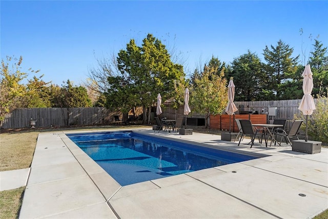 view of pool with a patio area and exterior fireplace