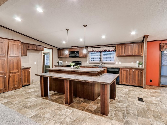 kitchen featuring black appliances, a center island, ornamental molding, and hanging light fixtures