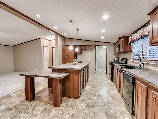 kitchen featuring a center island, pendant lighting, light colored carpet, lofted ceiling, and black appliances