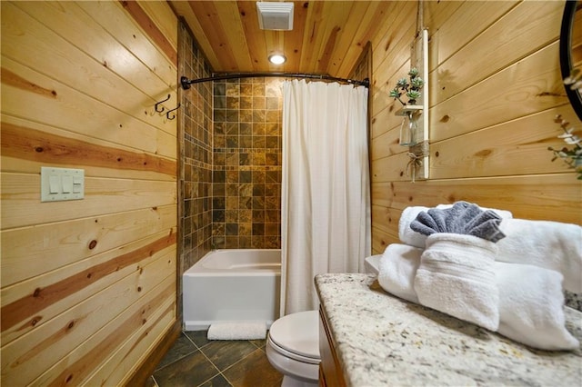 full bathroom featuring tile patterned floors, wood walls, wood ceiling, and shower / tub combo