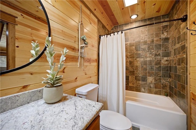 full bathroom with wooden ceiling, wood walls, toilet, vanity, and shower / tub combo