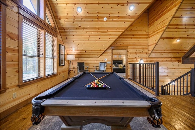 playroom featuring wood walls, wooden ceiling, vaulted ceiling, and billiards