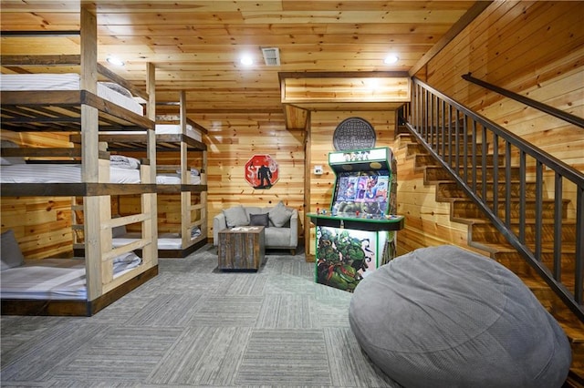 interior space featuring wood walls and wood ceiling