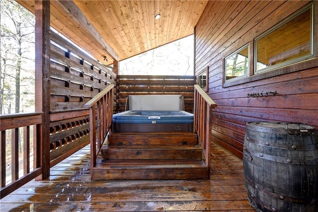 interior space featuring wooden ceiling, lofted ceiling, and hardwood / wood-style flooring