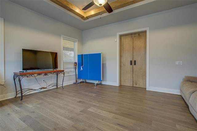 interior space with hardwood / wood-style floors, a raised ceiling, and ceiling fan