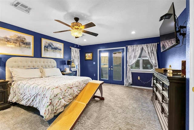 bedroom featuring access to exterior, ceiling fan, french doors, and carpet