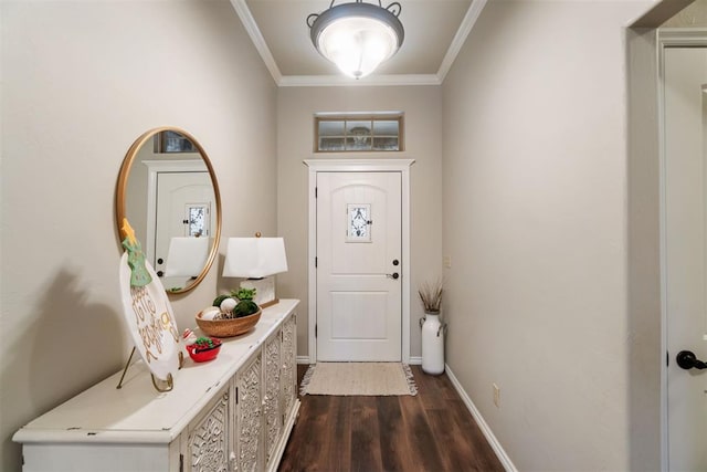 entryway featuring crown molding and dark wood-type flooring