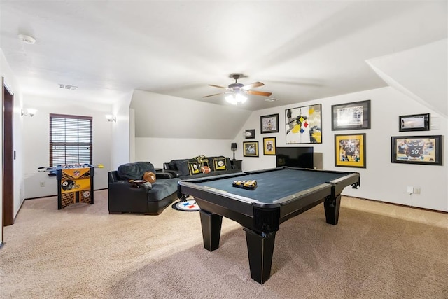 rec room with carpet, ceiling fan, lofted ceiling, and billiards