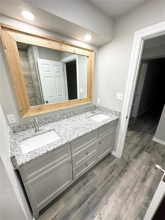 bathroom with hardwood / wood-style flooring and vanity