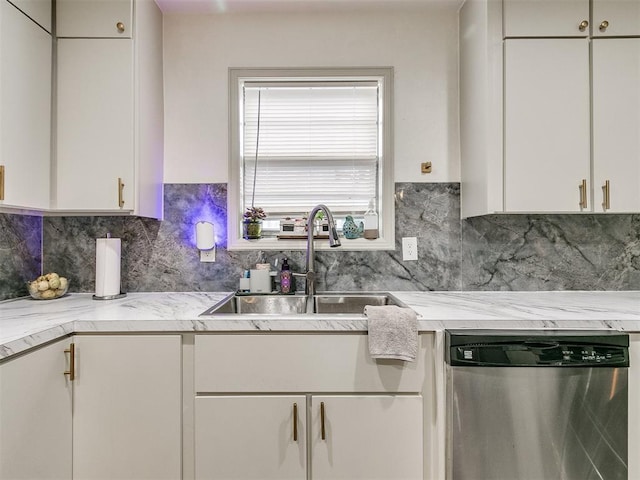 kitchen with decorative backsplash, sink, white cabinets, and stainless steel dishwasher