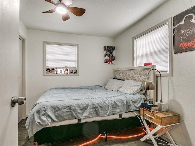 bedroom featuring ceiling fan, dark wood-type flooring, and multiple windows