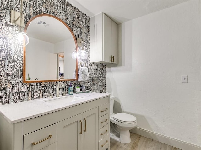 bathroom featuring hardwood / wood-style floors, vanity, toilet, and backsplash