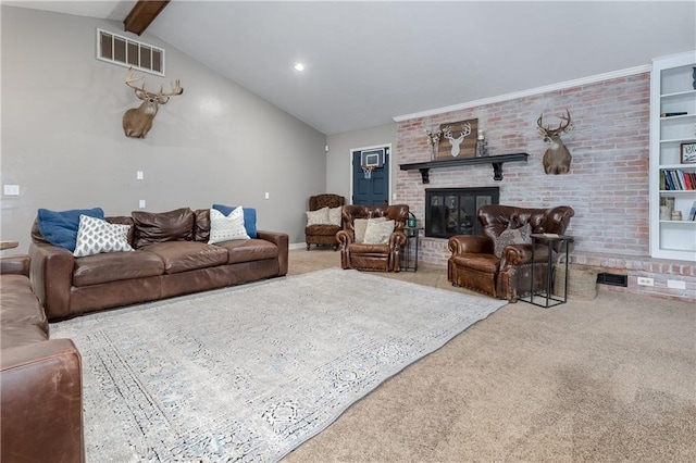 living room with a fireplace, built in shelves, lofted ceiling with beams, and carpet floors