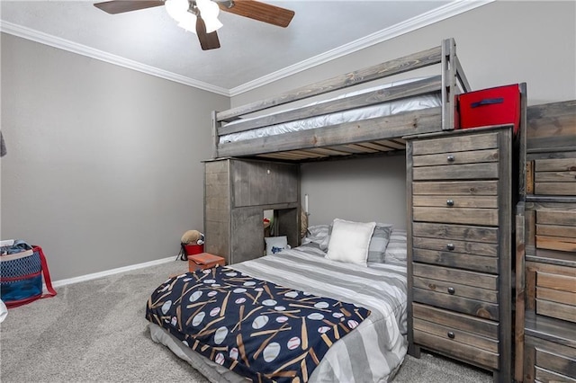 bedroom with carpet flooring, ceiling fan, and ornamental molding