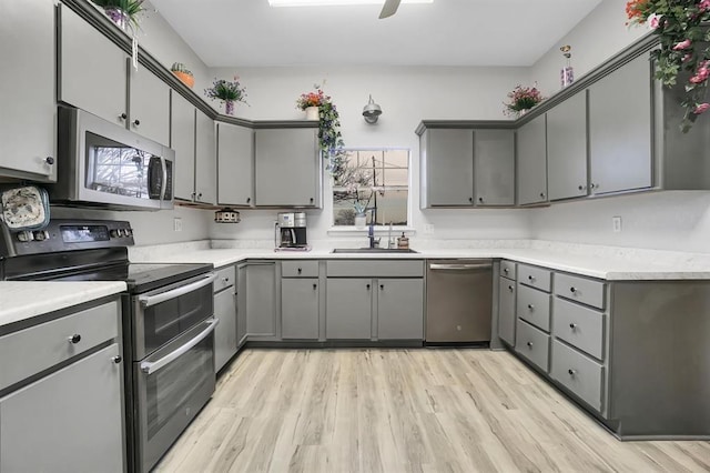 kitchen with gray cabinetry, light hardwood / wood-style floors, and appliances with stainless steel finishes