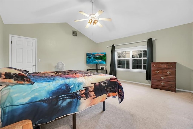 bedroom featuring carpet, vaulted ceiling, and ceiling fan