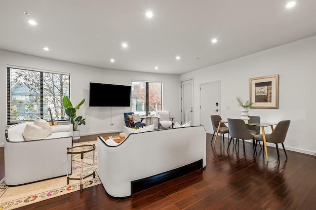 living room featuring dark wood-type flooring