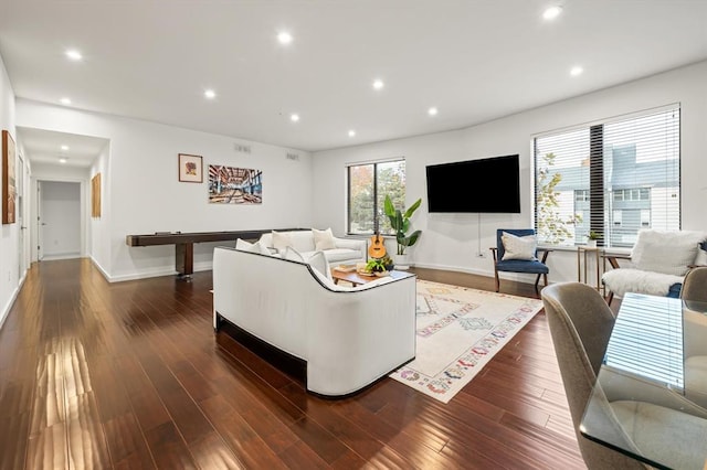 living room with dark hardwood / wood-style flooring