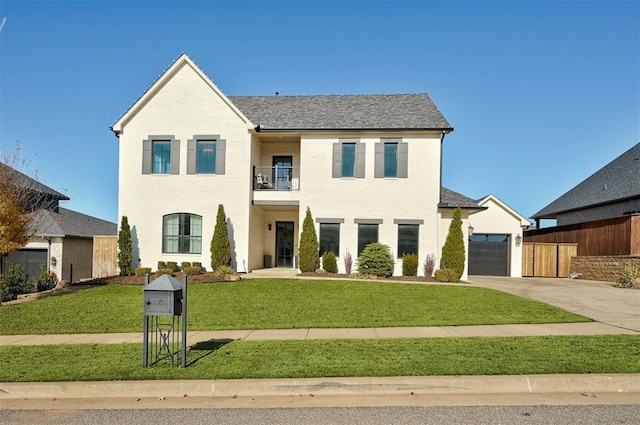 view of front of house with a balcony, a front lawn, and a garage