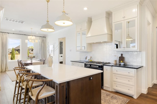 kitchen featuring hardwood / wood-style flooring, a kitchen island, gas range oven, and custom range hood