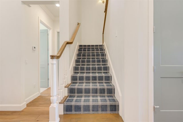 staircase with hardwood / wood-style floors