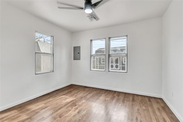 spare room featuring hardwood / wood-style floors, electric panel, and ceiling fan