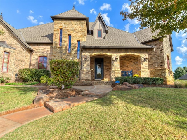 view of front of house with covered porch and a front yard