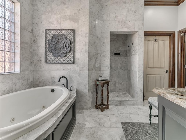 bathroom with vanity, crown molding, plus walk in shower, and a healthy amount of sunlight