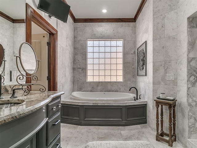 bathroom with a bath, tile walls, and ornamental molding