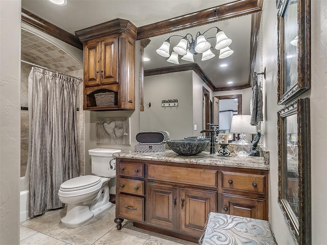 full bathroom featuring vanity, shower / bath combination with curtain, tile patterned flooring, toilet, and ornamental molding