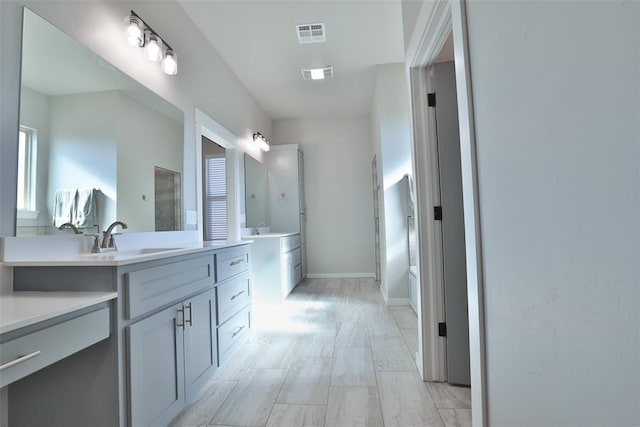 bathroom featuring a shower, hardwood / wood-style floors, and vanity