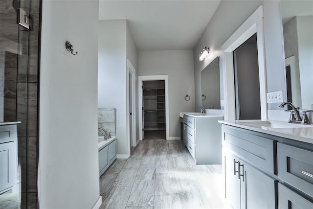 bathroom featuring hardwood / wood-style floors, vanity, and independent shower and bath