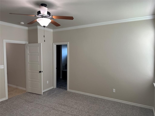 unfurnished bedroom featuring light carpet, ceiling fan, and ornamental molding