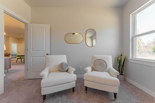 sitting room featuring light carpet