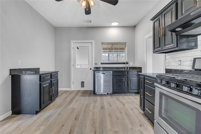 kitchen featuring sink, stainless steel appliances, decorative backsplash, exhaust hood, and light wood-type flooring