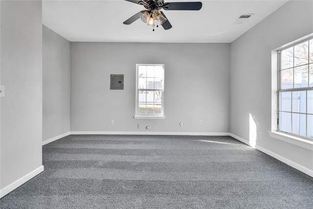 spare room with carpet, ceiling fan, and electric panel