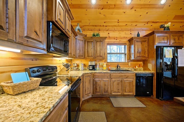 kitchen with light stone countertops, wooden ceiling, sink, and black appliances